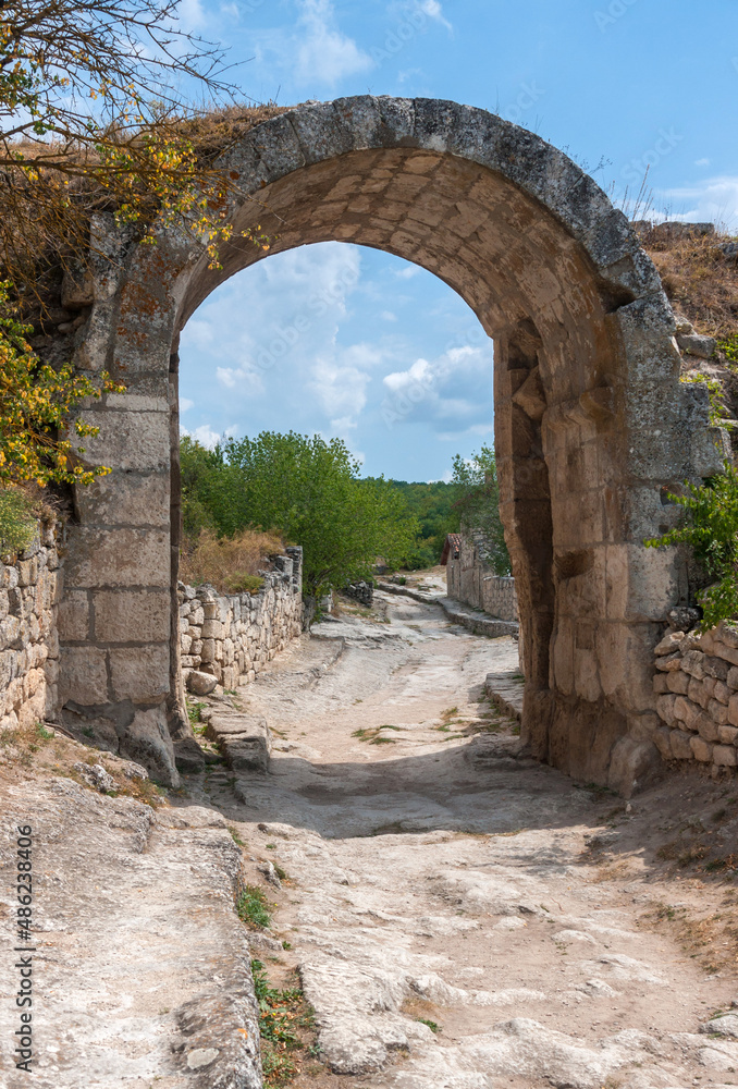 Middle Gate of Chufut-Kale in Crimean Mountains, medieval  city-fortress,  national monument of  Karaites, now in ruins Chufut-Kale near Bakhchisarai, central Crimea