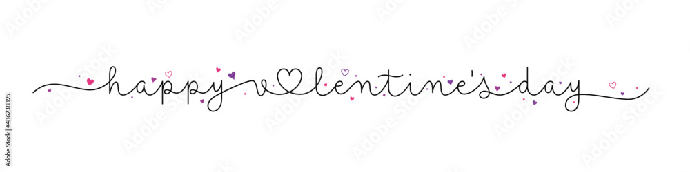 HAPPY VALENTIN'S DAY black vector monoline calligraphy banner with pink and purple hearts
