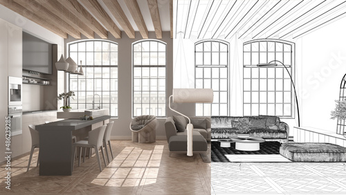 Billede på lærred Paint roller painting interior design blueprint sketch background while the space becomes real showing living room
