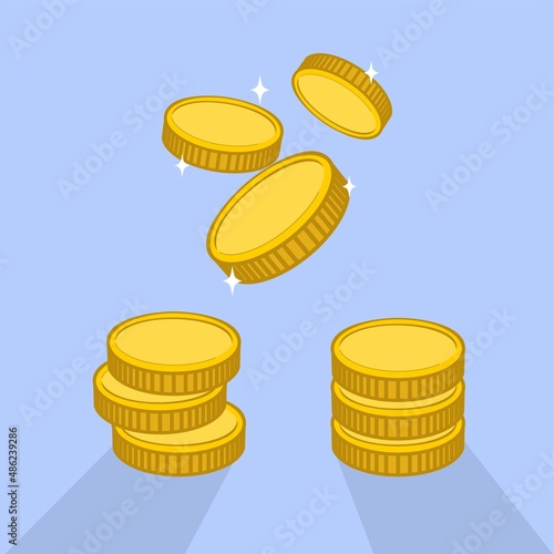 Coins stack vector illustration, flat coin money stacked icon flat, golden penny cash pile, treasure heap isolated on color background