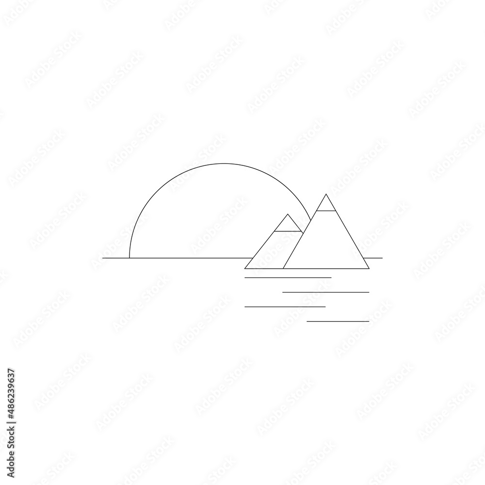 Panoramic view of the sun on the horizon with mountains and pyramids. Sunset and sunrise. Line vector icon. Panoramic view of the sun on the horizon with mountains and pyramids. Sunset and sunrise. Line vector icon.
