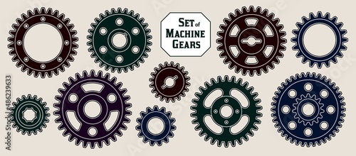 Set of silhouette of machine gears. Good for decoration in steampunk style. Vector.