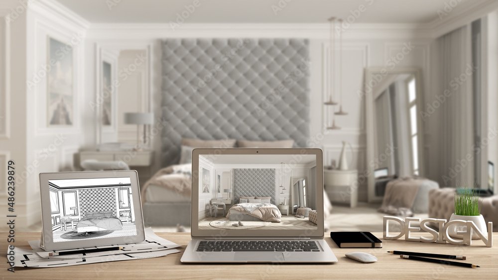 Architect designer desktop concept, laptop and tablet on wooden desk with screen showing interior design project and CAD sketch, blurred draft in the background, classic bedroom Architect designer desktop concept, laptop and tablet on wooden desk with screen showing interior design project and CAD sketch, blurred draft in the background, classic bedroom