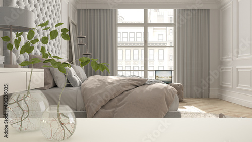 White table top or shelf with glass vase with hydroponic plant, ornament, root of plant in water, branch in vase, house plant, classic bedroom in the background, interior design