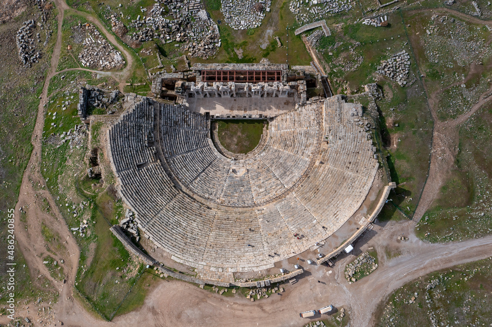Denizli, Turkey. Ruins of a large amphitheater in the ancient city of Hierapolis near Pamukkale.