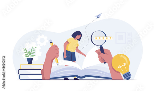 Happy cute school girl writing for homework. vector illustration