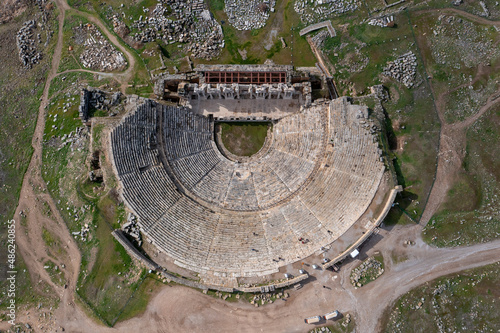 Denizli, Turkey. Ruins of a large amphitheater in the ancient city of Hierapolis near Pamukkale.