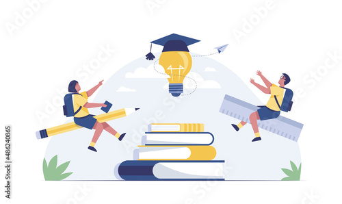 Back to school! Happy cute industrious child flying on the pencil. Idea and education. light bulb student hat.