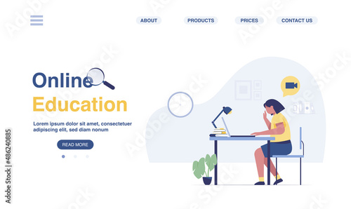 Children homeschooling or distance education for kids web page. litle girl doing homework.