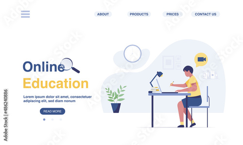 Children homeschooling or distance education for kids web page. boy doing homework.