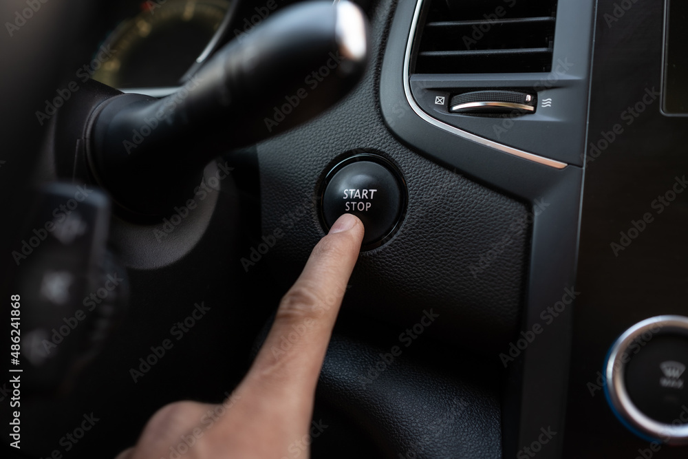Finger press start stop button. Keyless system. Black plastic interior with chrome interior