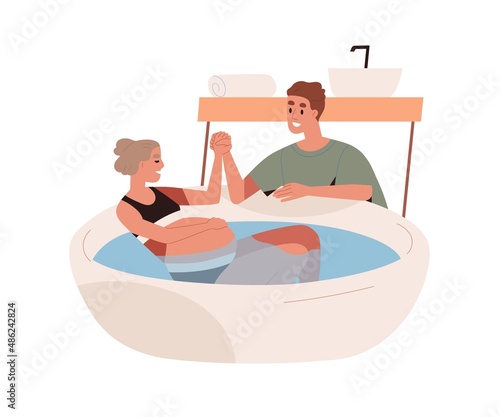 Pregnant woman at water birth, labor at home. Husband supporting wife during baby delivery in bath tub. Partner helping in natural childbirth. Flat vector illustration isolated on white background
