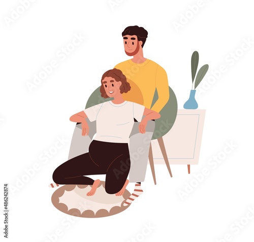 Couple at home birth, labor. Pregnant woman and partners support during baby delivery. Husband helping in natural childbirth. Labour preparation. Flat vector illustration isolated on white background