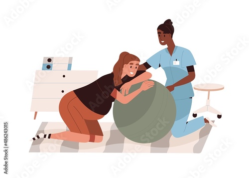 Midwife helping pregnant woman during labor, child birth at home. Obstetrician assisting in baby delivery on ball. Mom at childbirth preparation. Flat vector illustration isolated on white background photo