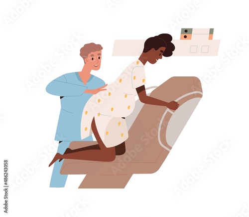 Obstetrician and pregnant woman during baby delivery in hospital. Child birth, labor in kneeling position in chair. Childbirth with doctor. Flat vector illustration isolated on white background