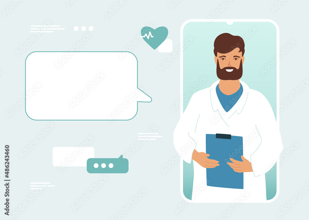 Doctor in mobile phone with chat template, holding clipboard. Male portrait, concept of web consultation, online help banner with copy space and graphic elements.  Vector illustration.