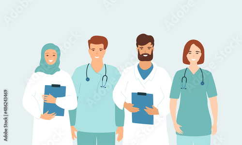 Group of doctors and nurses on blue background. Young and happy medical people portrait. Vector illustration.