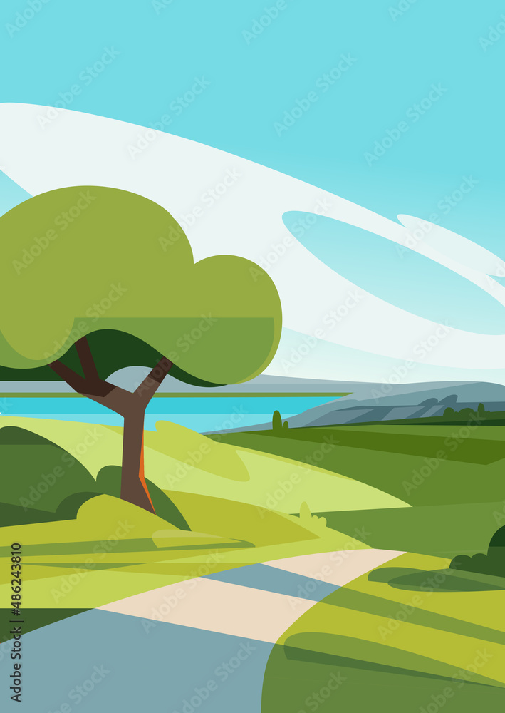 Fototapeta premium Summer landscape with road to the lake. Natural scenery in portrait format.