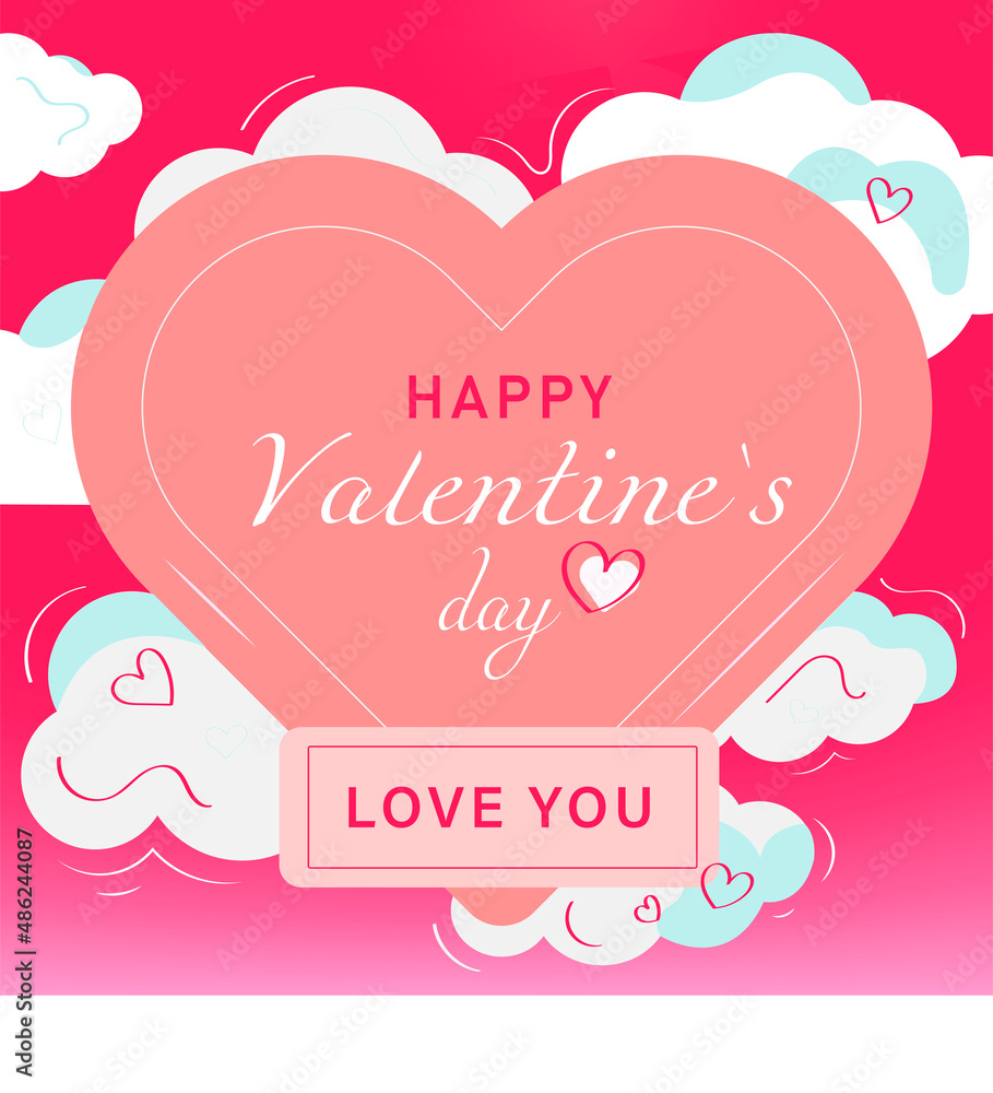 pink valentine postcard for congratulations on St. Valentine's day with heart and clouds in flat style pink valentine postcard for congratulations on St. Valentine's day with heart and clouds in flat style