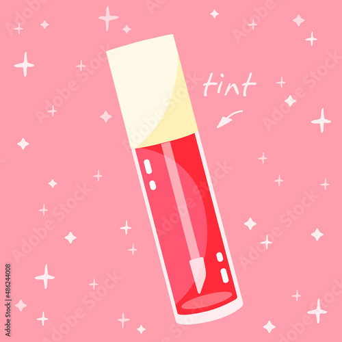 Lip Tint Gloss cute cartoon vector illustration. Red doodle icon of Lipstick. Korean beauty cosmetic product stuff sign.