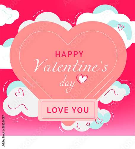 pink valentine postcard for congratulations on St. Valentine's day with heart and clouds in flat style