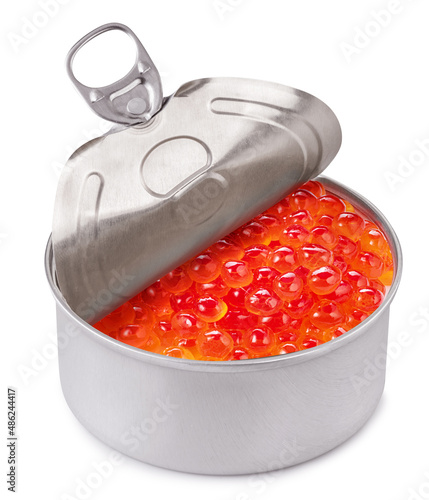 Tin of red caviar on white background. File contains clipping path. photo