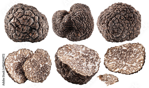 Set of black winter truffle and truffle slices on white background. File contains clipping path. photo
