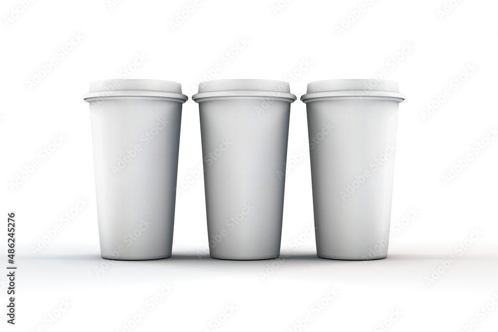 Empty blank white paper coffee or tea cups mockup template isolated on white background. 3d rendering. Empty blank white paper coffee or tea cups mockup template isolated on white background. 3d rendering.