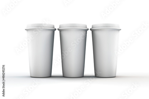 Empty blank white paper coffee or tea cups mockup template isolated on white background. 3d rendering.