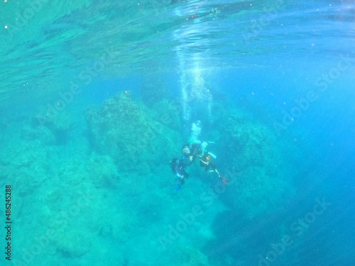 Tourists scuba dive Mediterranian Sea. Marmaris,Turkey.