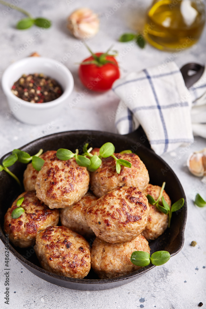 Pork cutlets from minced meat. Pan-fried meatballs. Healthy dinner for the family. 