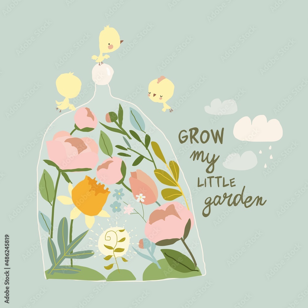 Cartoon Illustration with Little Garden and Chicks