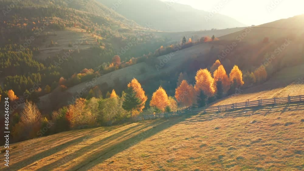 Gorgeous autumn day in the mountains from a bird's eye view. Filmed in 4k, drone video.