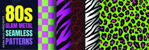 Obraz na płótnie 80's Glam Rock Metal Collection of seamless patterns | Set of abstract vivid vector graphics in retro vintage style for apparel and textiles. Zebra, tiger, leopard, chess, soil earth w salonie