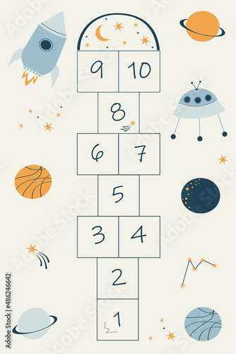 Hopscotch children game . Cute vector illustration of a summer kids outdoor game. Cartoon hopscotch painted on asphalt for a baby. A jumping game.