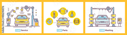 Vector set of illustration of car service and carwash on white background. Line art style design of yellow car repair and maintenance