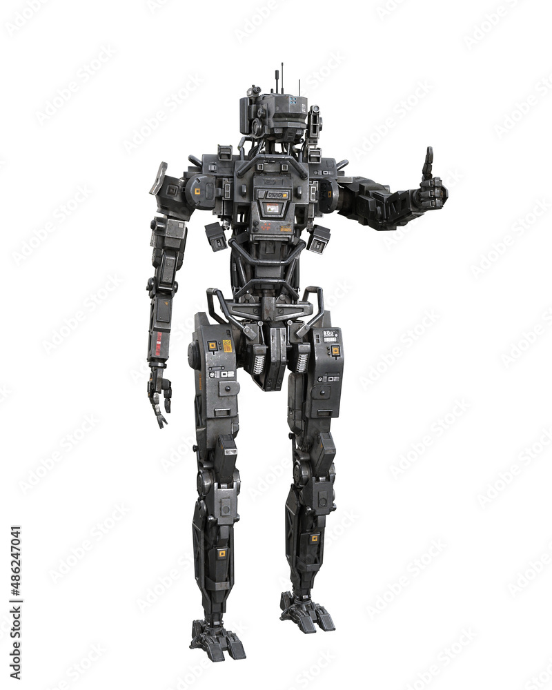 Futuristic cyberpunk robot droid making thumbs up sign. 3D rendering isolated on white background.