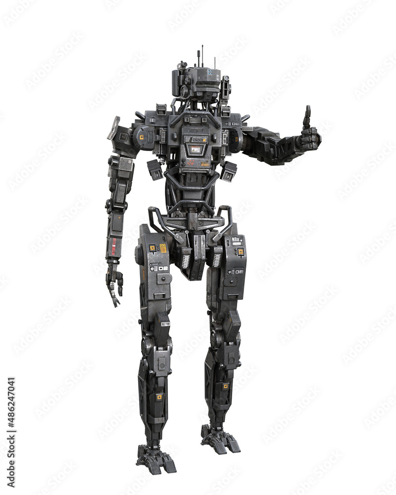 Futuristic cyberpunk robot droid making thumbs up sign. 3D rendering isolated on white background. Futuristic cyberpunk robot droid making thumbs up sign. 3D rendering isolated on white background.