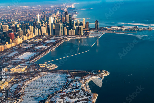 Aerial View of Downtown Chicago and the Surrounding Areas At Sunrise