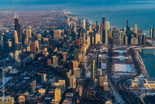 Aerial View of Downtown Chicago and the Surrounding Areas At Sunrise