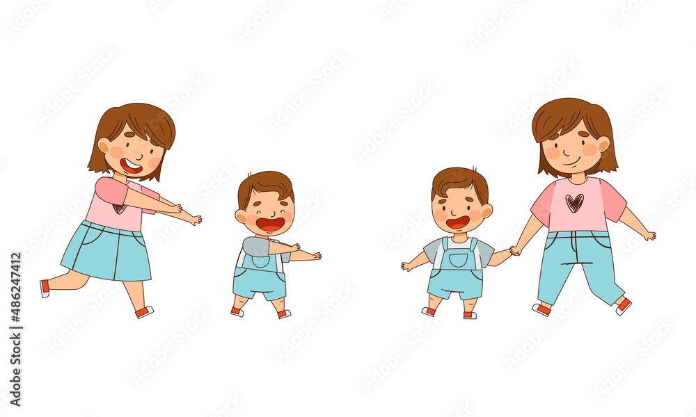 Sister Holding Her Little Brother by the Hand Walking and Chasing Him as Family Relations Vector Illustration Set Sister Holding Her Little Brother by the Hand Walking and Chasing Him as Family Relations Vector Illustration Set