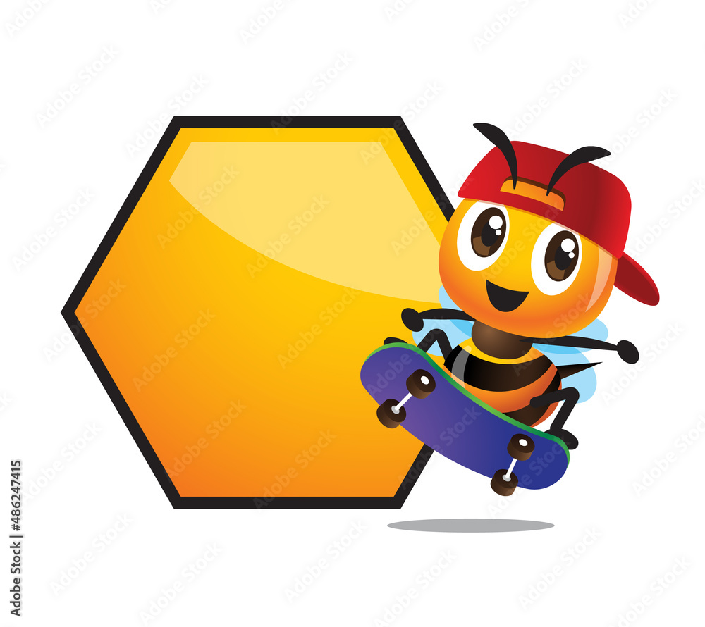 Cartoon cute bee character playing skateboard with empty hexagon honeycomb signboard. Character illustration Cartoon cute bee character playing skateboard with empty hexagon honeycomb signboard. Character illustration