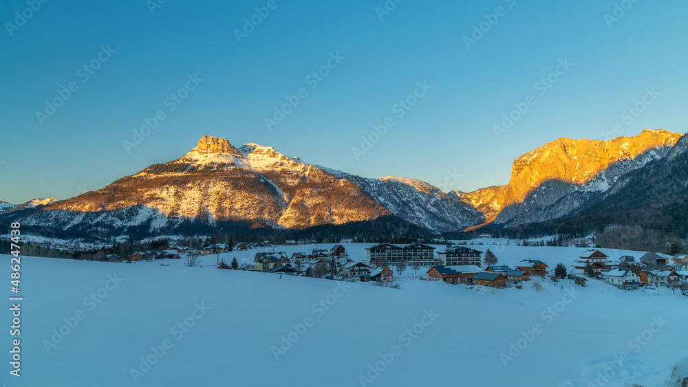 Sunset over Altausee with Mountains Loser and Trisselwand, Winter Panorama, Austrian Alps