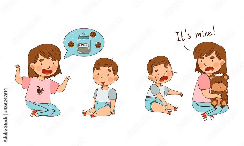 Warring Sister Grabbing Toy Teddy Bear from Her Little Crying Brother and Telling Him about Cookie as Family Relations Vector Illustration Set Warring Sister Grabbing Toy Teddy Bear from Her Little Crying Brother and Telling Him about Cookie as Family Relations Vector Illustration Set