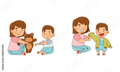 Sister Dressing Her Little Brother and Giving Him Teddy Bear as Family Relations Vector Illustration Set