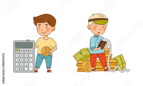 Little Boy with Dollar Coin and Calculator Vector Illustration Set
