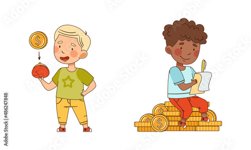 Little Boy Sitting on Pile of Dollar Coin and Calculating Profit Vector Illustration Set