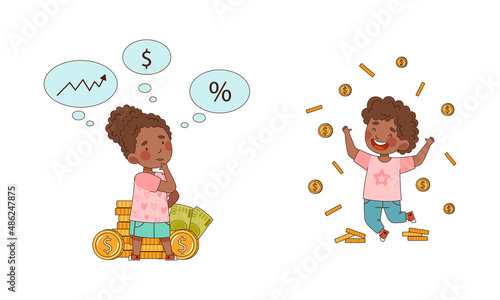Little African American Boy and Girl with Dollar Coin Vector Illustration Set