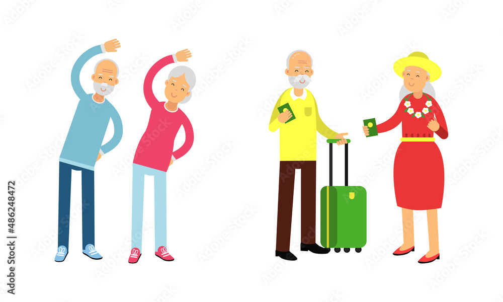 Aged Man and Woman Pensioner Character Engaged in Daily Activity Vector Illustration Set