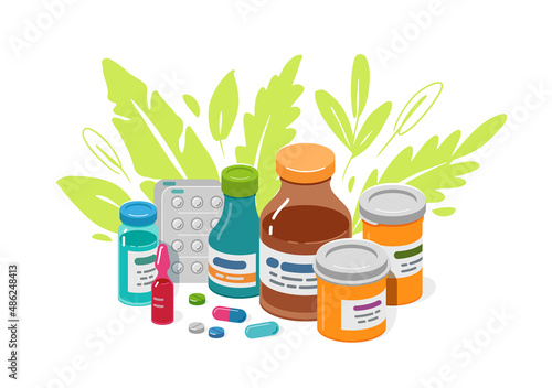 Various medical equipment such as drugs, pills, capsules, bottles. Medicine, pharmacy, hospital, drug store vector illustration